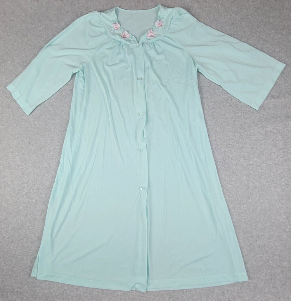 Shadowline 3/4 Sleeve Blue Robe Sleepwear Womens Small Pink Roses Buttons